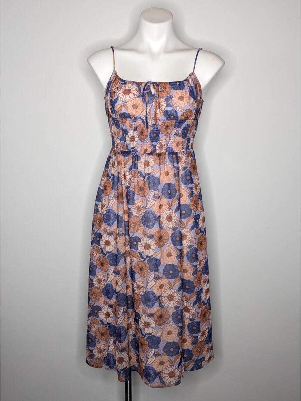 Wilfred Aritzia Genoa Blue Cream Floral Smocked Spaghetti Strap Midi Dress XS